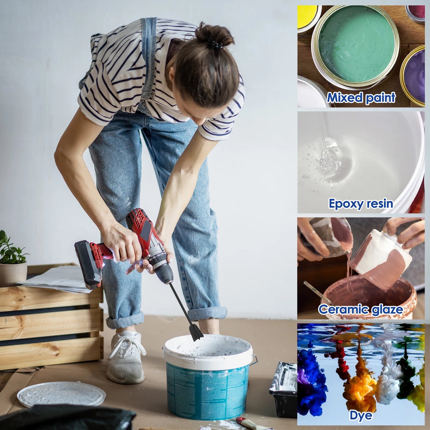 Varilla agitadora de pintura epoxi, accesorio mezclador de pintura de masilla y cemento con portabrocas para pintura al óleo de látex de resina epoxi, 6 uds.