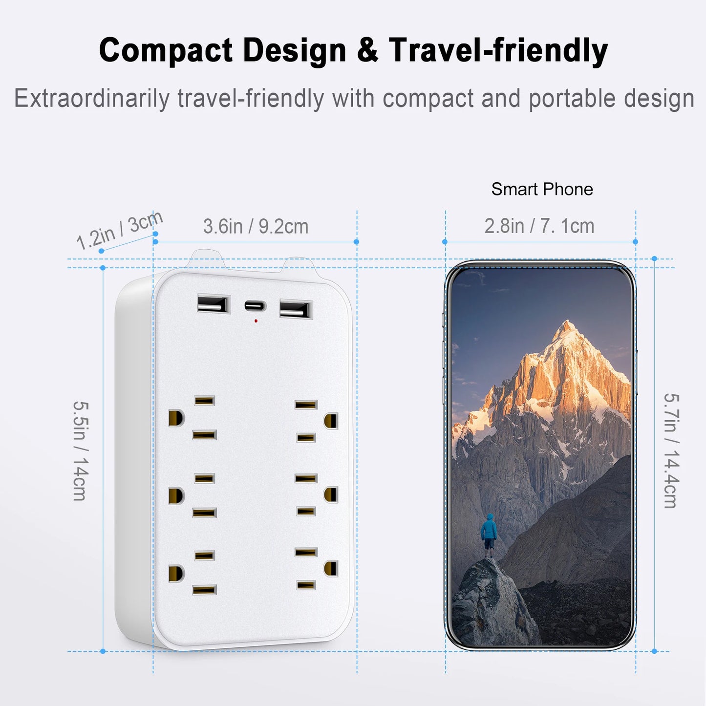 Protector contra sobretensiones 9 en 1, extensor de 6 salidas con 2 puertos USB y 1 USB-C, regleta de enchufes múltiples, adaptador de pared espaciado para el hogar