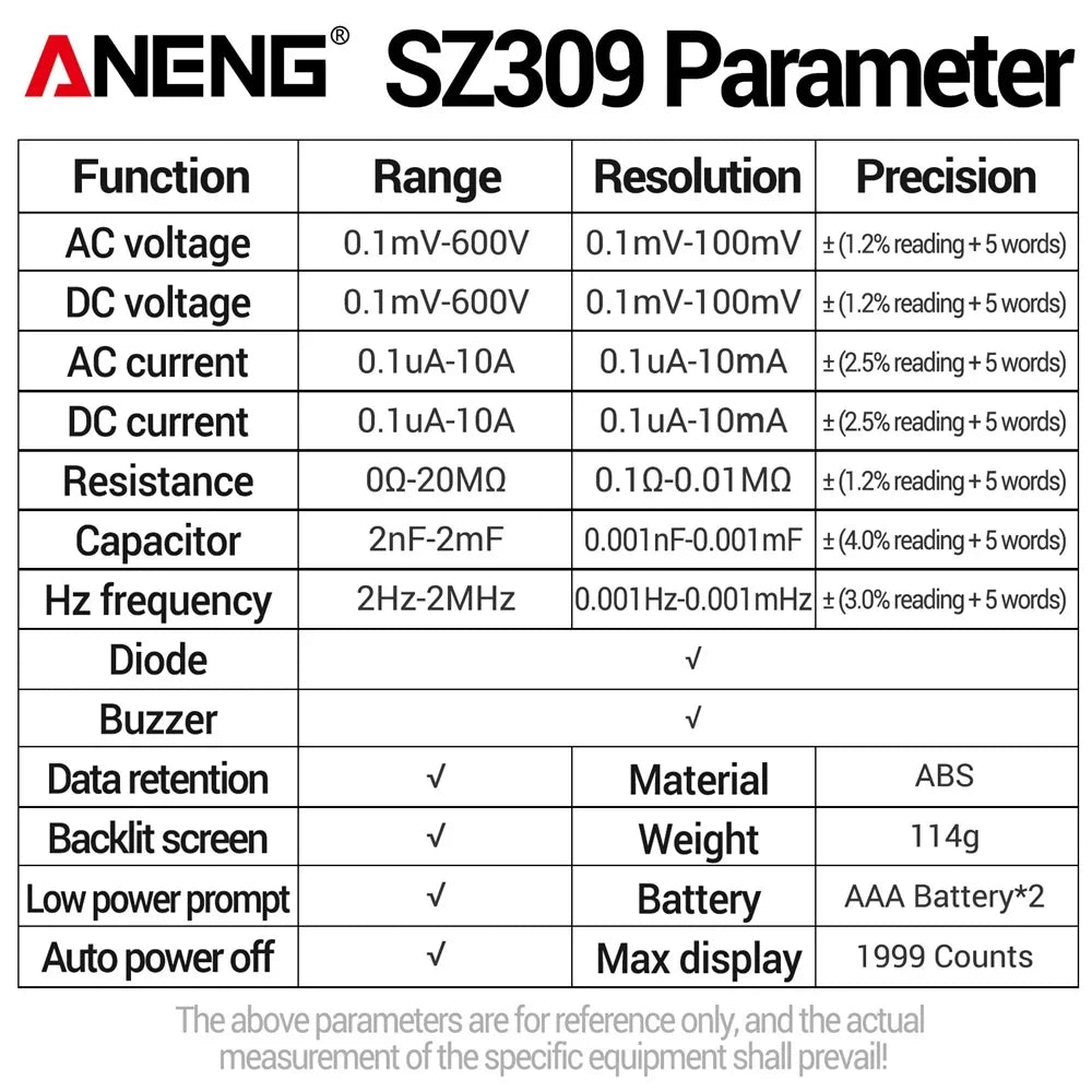 Multímetro ANENG SZ309, multímetro Digital profesional de alta precisión de 1999 recuentos, medidor de voltaje CA/CC de tamaño pequeño fácil de llevar