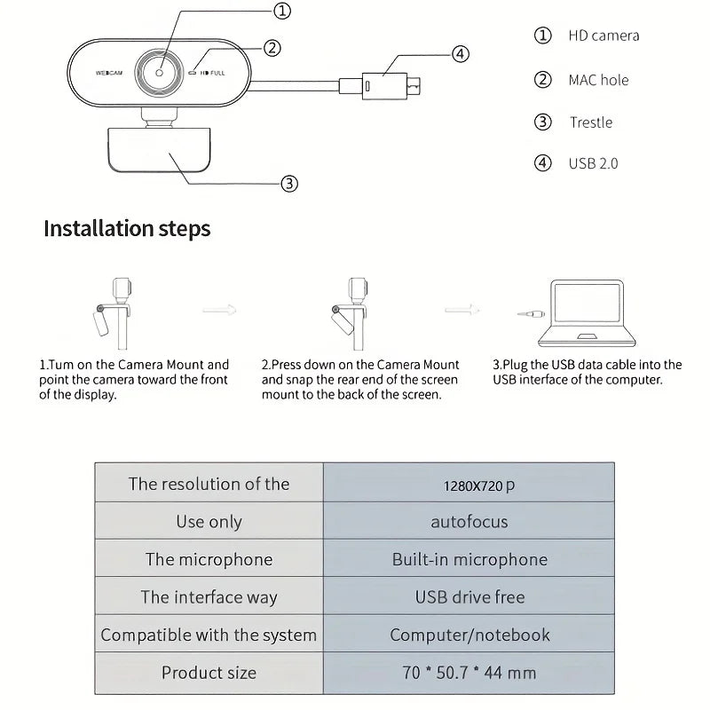 Minicámara web HD 720P para ordenador, PC, cámara web con enchufe USB, cámaras giratorias para transmisión en vivo, videollamadas, trabajo en conferencia