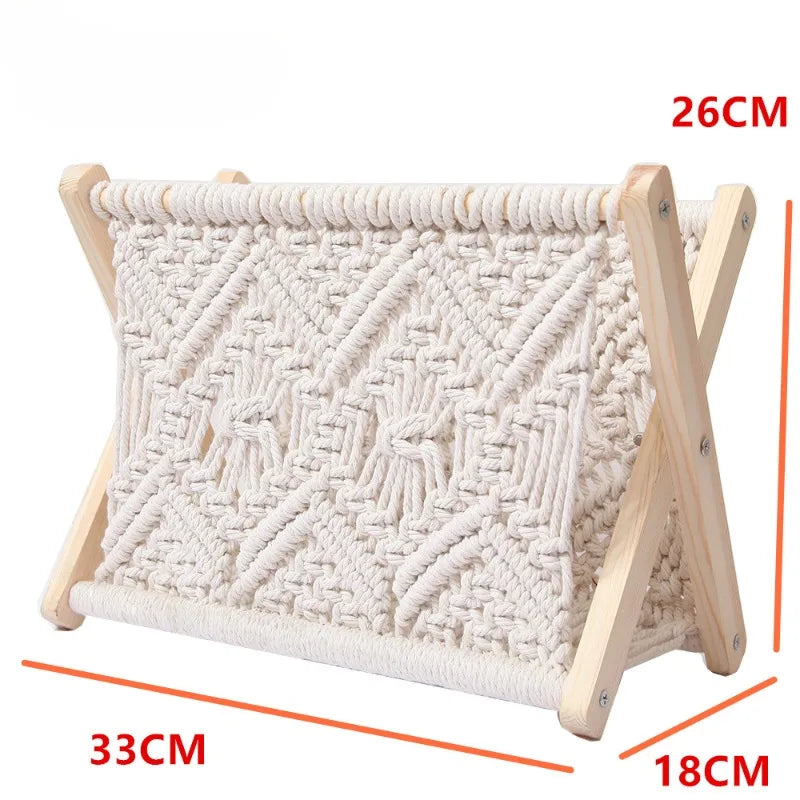 斯堪的纳维亚风格棉绳编织收纳篮杂志书报落地收纳架木质收纳架桌面装饰