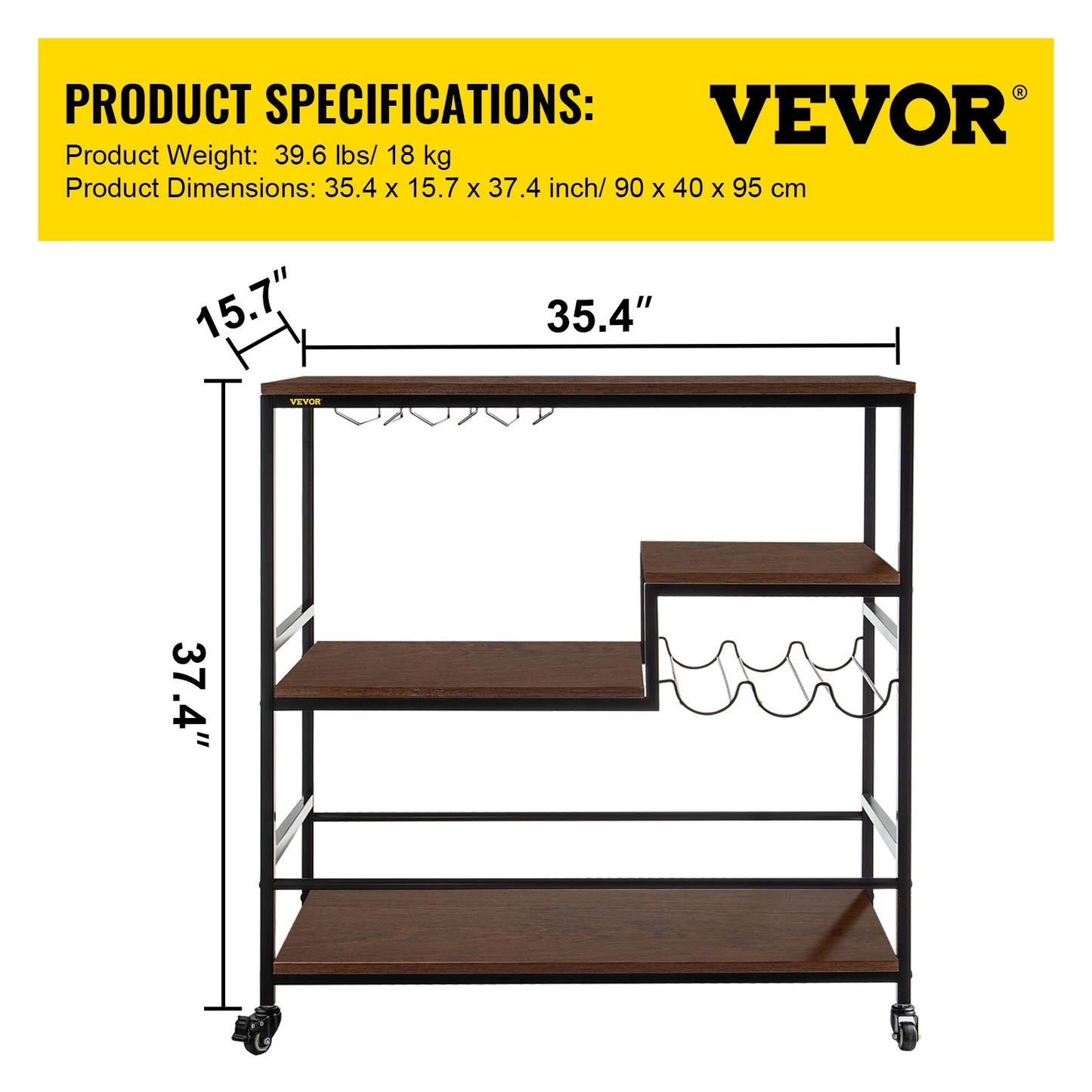 VEVOR 3-Tier Bar Wine Rack Serving Cart on Wheels Commercial Kitchen Food Truck Serving Buffet Sideboard Rack Glass Holder Home