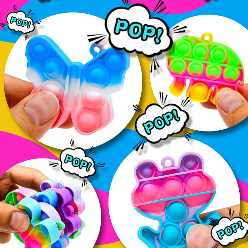 10/30/50PCS Rainbow Keychain Fidget Toys Cartoon Kawaii Sensory Toys Push Stress Relief Keychains for Kids Adult Party Favors