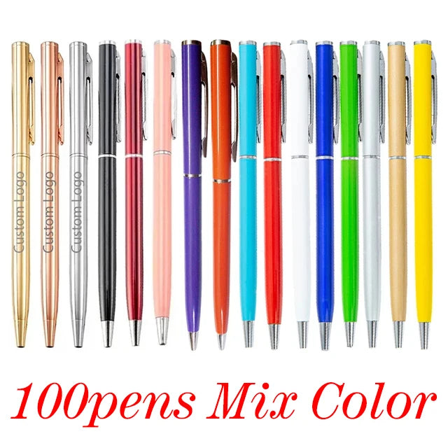 100 Pcs New Advertising Pen Free Custom LOGO Metal Ballpoint Pen Lettering Name Wholesale Hotel Gift Pen Office Supplies