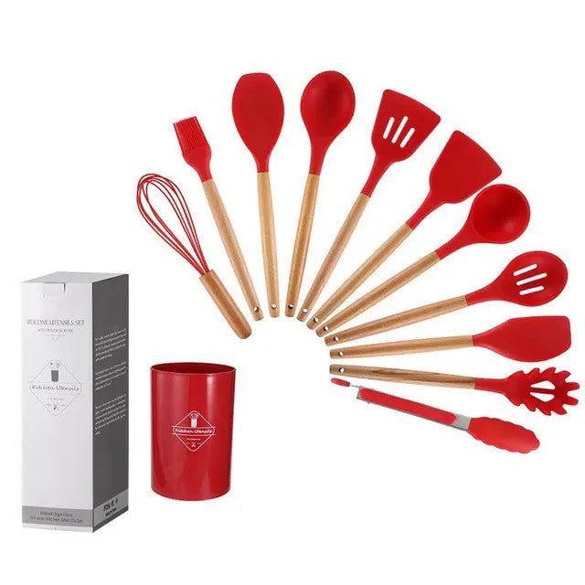12 unids/set de utensilios de cocina de silicona con mango de madera con cubo de almacenamiento resistente a altas temperaturas y cuchara espátula antiadherente