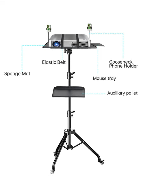 Portable Projector Floor Stand Adjustable Height Projector Tripod Stand with 2 Shelves, Laptop Tripod on Wheels With Two Clip