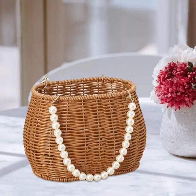 Imitation Rattan Basket Flower Basket Artificial Pearl Handle Stylish Appearance Versatile Picnic Basket for Lotions Toiletries
