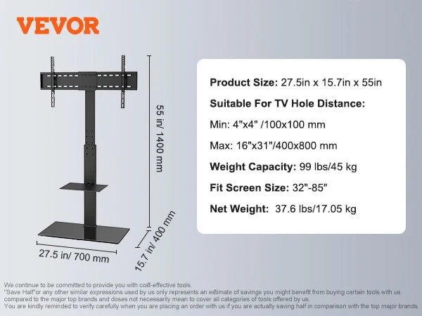 VEVOR TV Stand Mount Swivel Tall TV Stand for 32-55/ 65/ 85 inch TV Height Adjustable Portable Floor TV Stand Max VESA 600x800mm