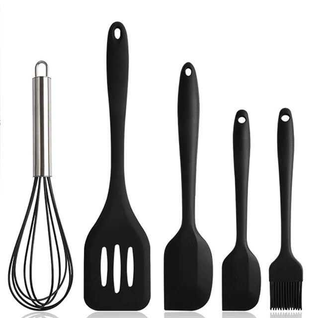 5Pcs Silicone Cooking Utensils Set Non-Stick Silicone Cake Spatula Cooking Shovel Whisk Oil Brush Flexible Kitchen Utensils Sets