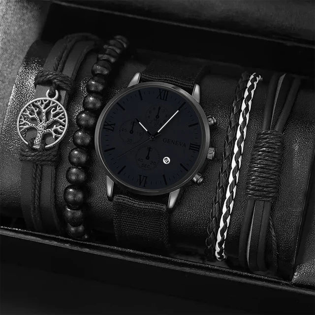 4pcs Quartz Watches Bracelet Watch Set For Men Business Fashion Casual Round Pointer Calendar Watch Accessories