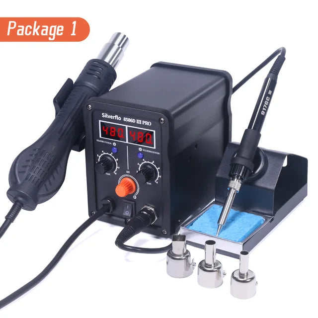 Silverflo 8586D-IIIPRO Soldering Station 2 in 1 Soldering Iron Hot Air Rework Station for Heat Shrinking BGA SMD IC Repair