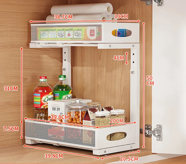 水槽下收纳和存储,可调节 2 层金属拉出式橱柜收纳架,适用于浴室、厨房、食品储藏室