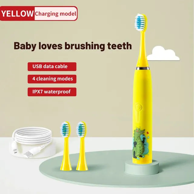 Children's Electric Toothbrush Colorful Cartoon With Replacement Heads Ultrasonic Rechargeable Soft Hair Cleaning Brush for Kids