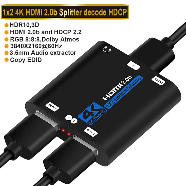 ProAV 4K UHD HDMI Splitter 2,0 1x2 HDMI 2,0 divisor HDCP 2,2 HDR divisor HDMI 2,0 4K HDMI2.0 divisor para Blu-ray DVD PS3 PS4