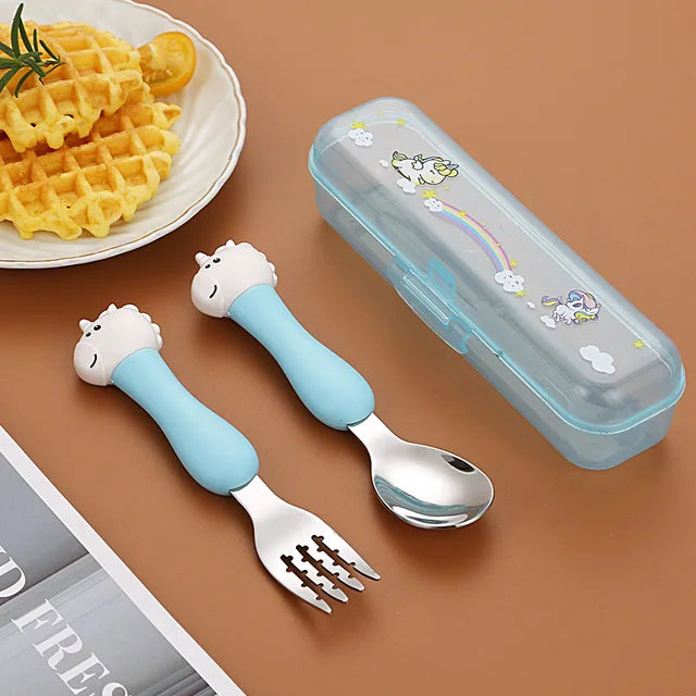 304 Stainless Steel Dinosaur Baby Children's Portable Tableware Cartoon Spoon Fork Learning Training Chopsticks Fork Spoon Set