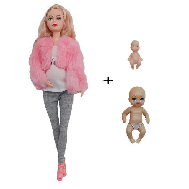 Educational Toy Pregnant Dolls for Children with Two Babies and Random Shoes Accessories Fashion Clothes Gift for Barbiess Games