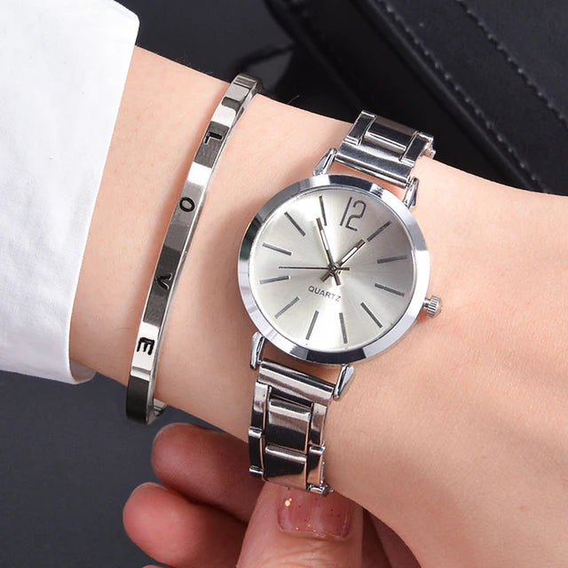 2pcs Women's Fashion Simple Silver Steel Band Quartz Watch+LOVE Bracelet Set