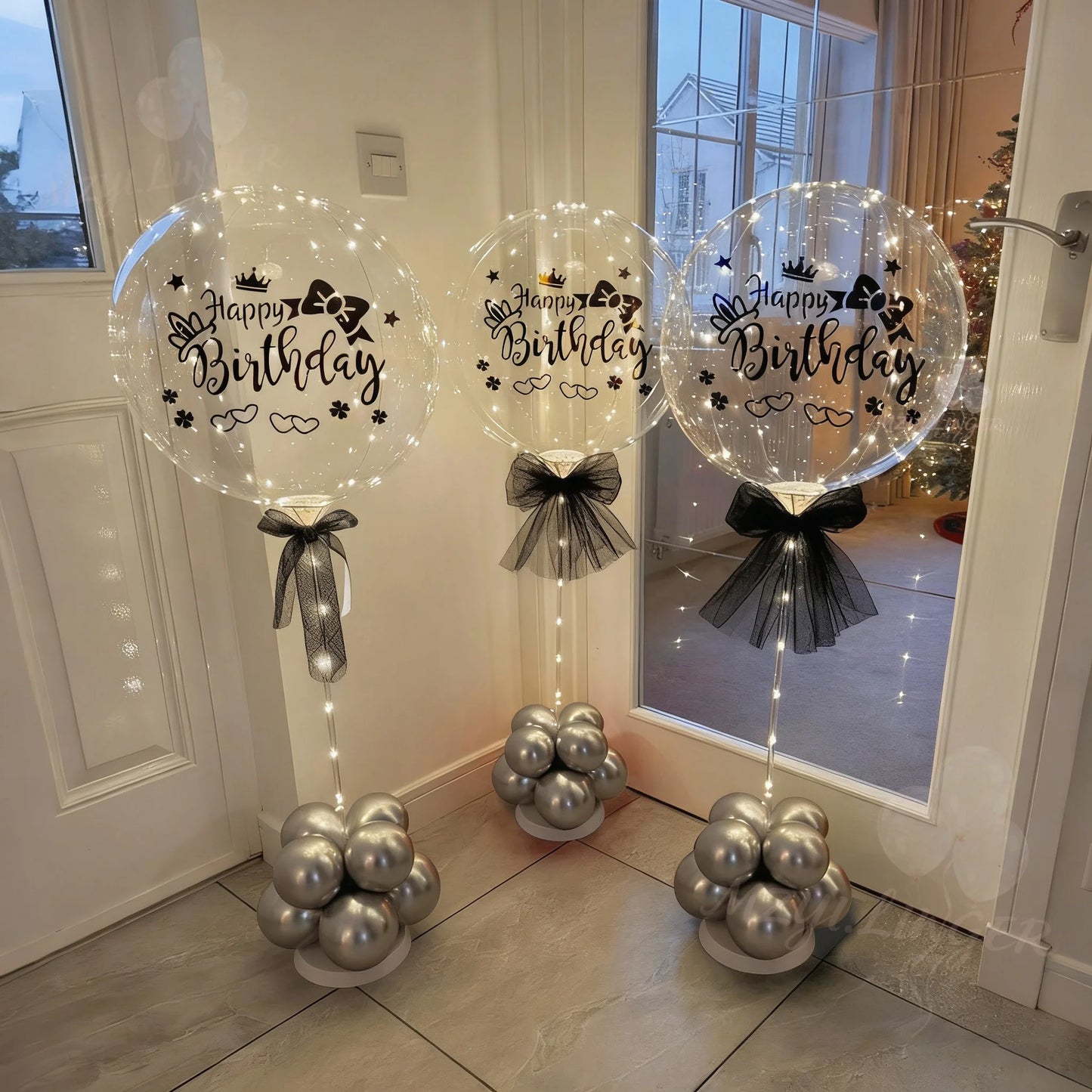 LED transparent bobo balloon light string (no battery) with happy birthday sticker, birthday party decoration, photo props