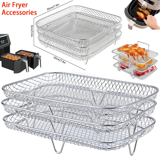 3-layers Air Fryer Rack Stackable Grilling Rack Stainless Steel Airfryer Oven Grill Steamer Cooker Kitchen Gadgets Cooking Tools