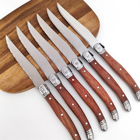 4/6/8 P Serrated Steak Knives Set Dinner Knife Cutlery Solid Wood Handle Full Tang Steel Table Knife Sharp Handle Cutlery Knife
