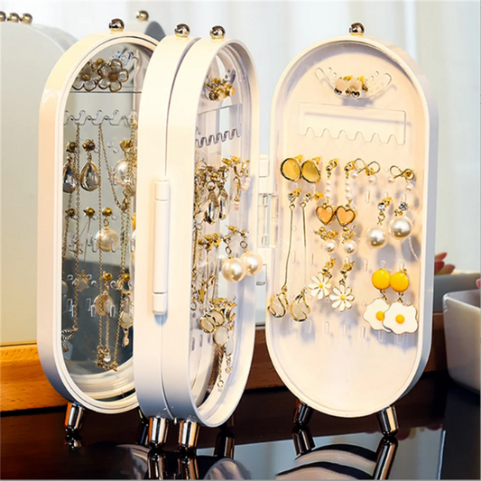 4 Doors Foldable Screen Stylish Earrings Necklace Jewelry Storage Box With Mirror- Keep Your Necklaces Organized and Accessible