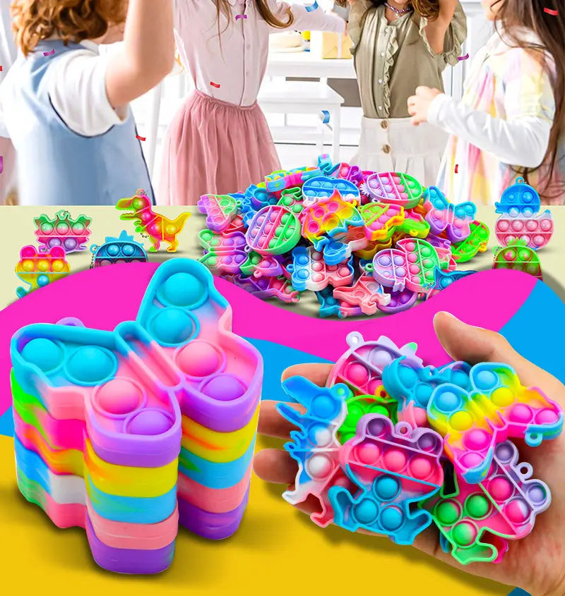 10/30/50PCS Rainbow Keychain Fidget Toys Cartoon Kawaii Sensory Toys Push Stress Relief Keychains for Kids Adult Party Favors