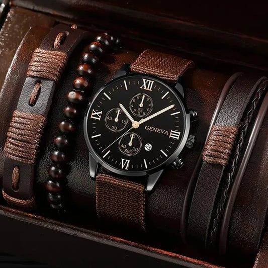 4pcs Quartz Watches Bracelet Watch Set For Men Business Fashion Casual Round Pointer Calendar Watch Accessories