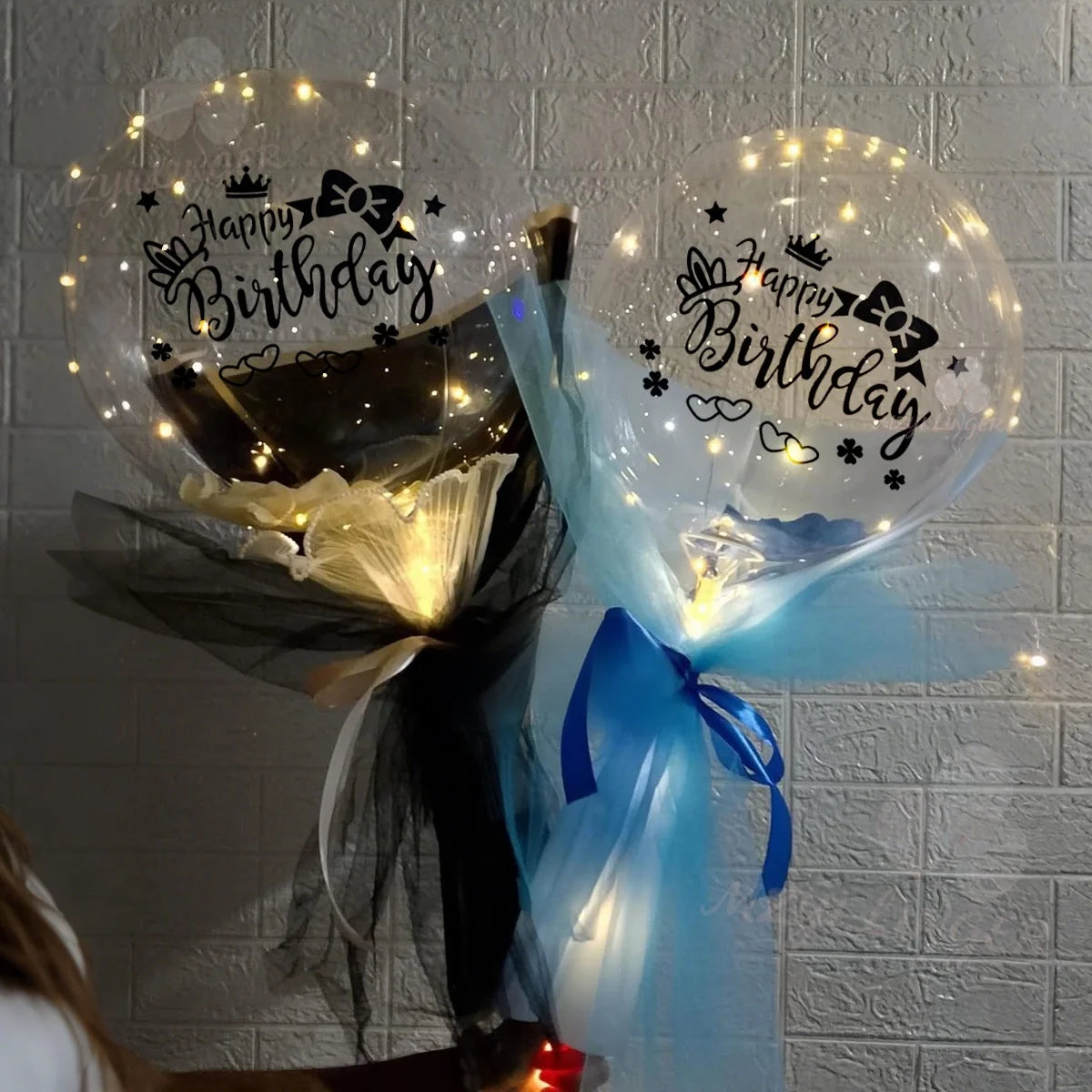 LED transparent bobo balloon light string (no battery) with happy birthday sticker, birthday party decoration, photo props