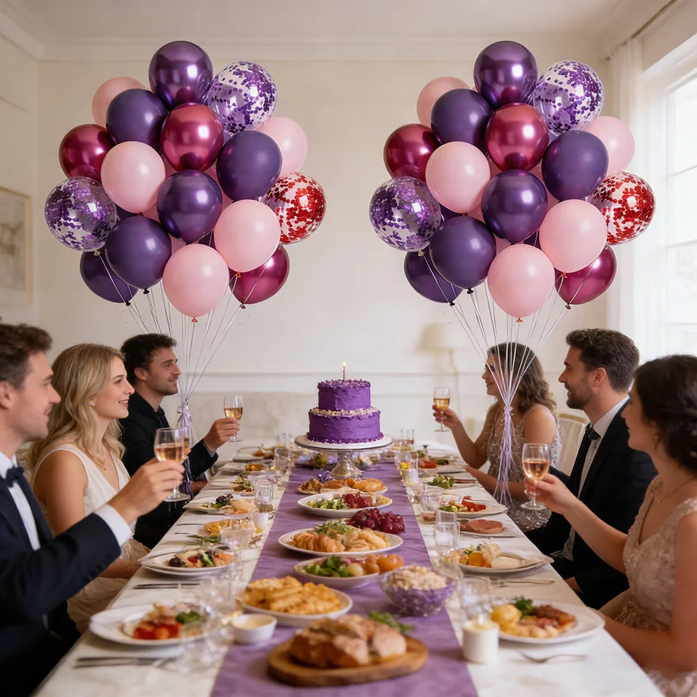 50PCS 12inch Pink Purple Metallic Confetti Balloons Set Wedding Happy Birthday Party Decorations for Indoor Outdoor Celebration