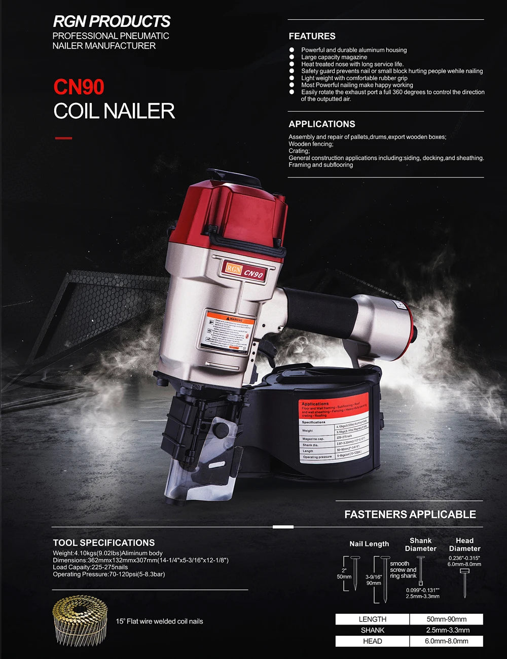 Coil Nailer CN90 And CN90B For 50-90mm Nails Heavy Duty Pallets and Crating Working MAX USA Design