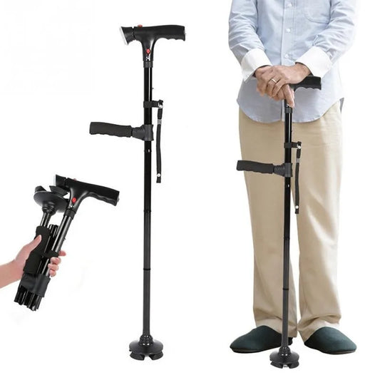 Bastón plegable telescópico plegable, bastón para ancianos LED con alarma, bastones confiables para caminar, muletas para ancianos para madres y padres mayores 