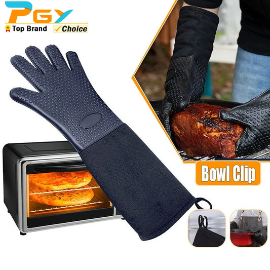 Extra Long Professional Silicone Oven Mitts Gloves with Quilted Liner Durable Heat Resistant Grill Oven Gloves Baking Tools