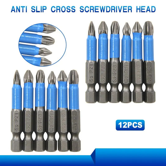 Hexagonal Handle 12pc S2 Steel Anti Slip Screwdriver Head Cross Electric Screwdriver Tool Set PH1/PH2/PH3/PZ1/PZ2/PZ3