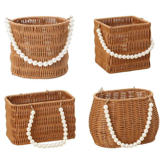 Imitation Rattan Basket Flower Basket Artificial Pearl Handle Stylish Appearance Versatile Picnic Basket for Lotions Toiletries