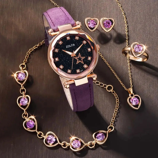 皮革星星水钻女孩手表 6 件套