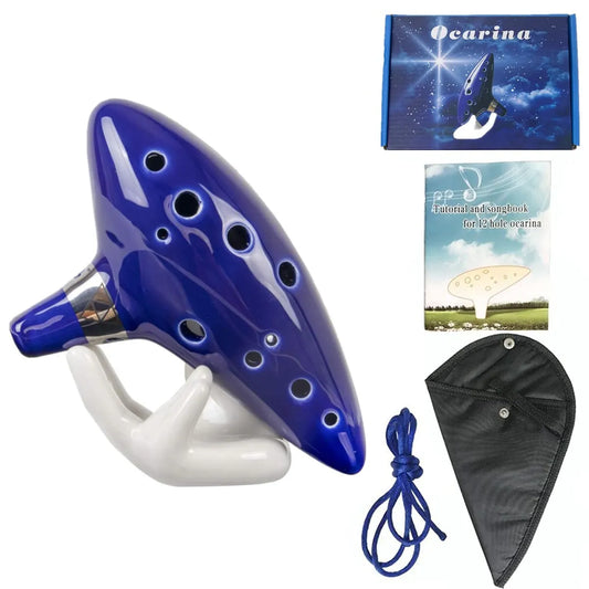 Ocarina, instrumento musical de ocarina de cerámica Alto C de 12 tonos con cancionero, cuerda para el cuello, bolsa de transporte, azul 