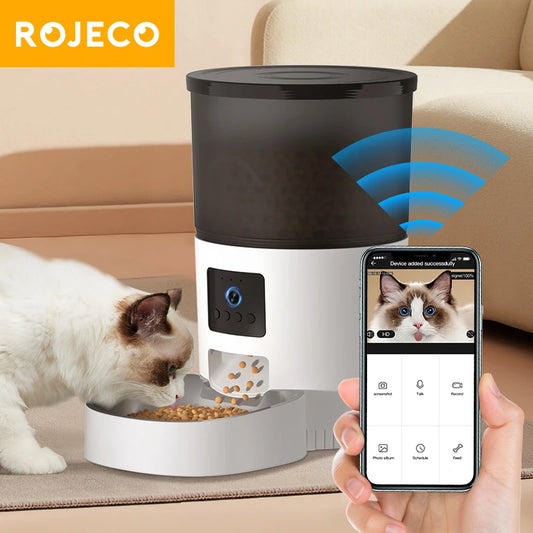 ROJECO 自动猫喂食器带摄像头视频猫粮分配器宠物智能录音机遥控自动喂食器适用于猫狗