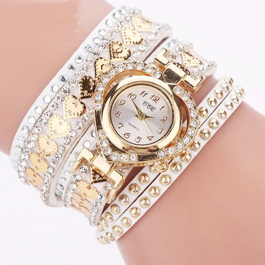 Retro Luxury Popular Diamond Winding Long Strap Peach Heart Bracelet Watch Women