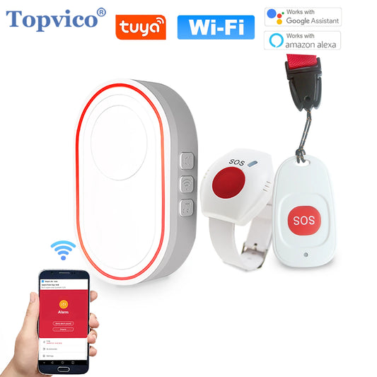 Topvico Tuya 紧急报警按钮 WIFI 老人报警器 SOS 手环无线护理人员寻呼机手表呼叫老年人跌倒警报
