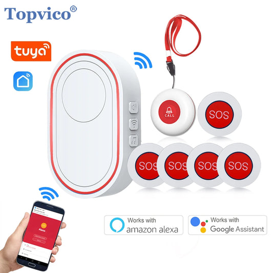 Topvico Wifi Panic Button Alarm Fall Prevention for Elderly Dementia RF433mhz Wireless Bed Alarm Caregiver Pager Tuya APP