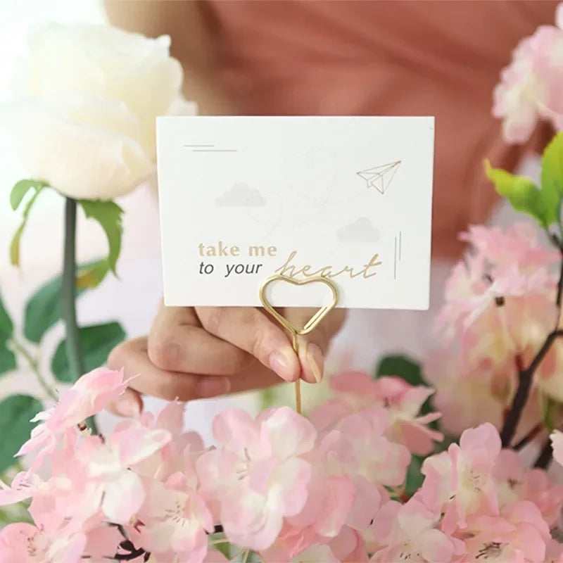100/20x Metal Flower Seat Card Holders Golden Heart-Shaped Flower Pickup Stick Clips DIY Floral Arrangement Holders for Weddings