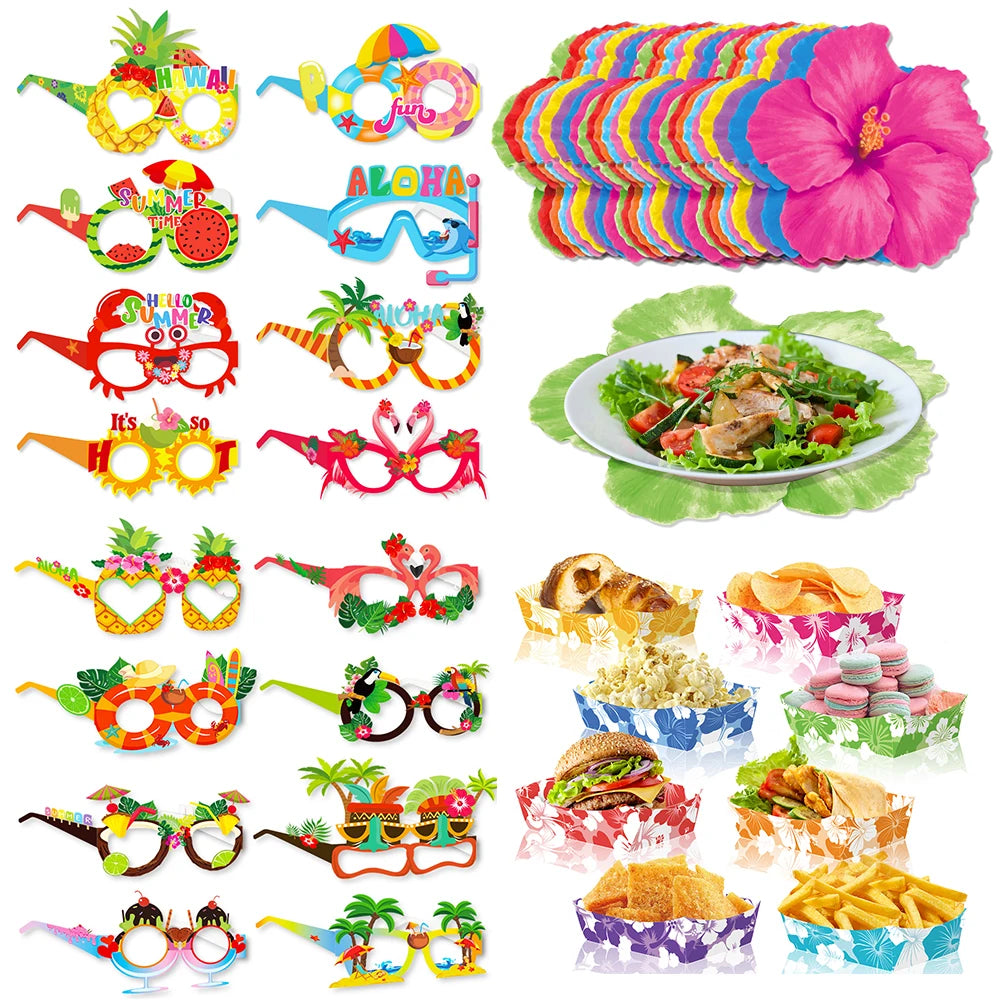 Hawaiian Theme Party Favors Eyeglasses Fun Sunglasses Prop Food Tray Hawaiian Flower Table Mat Beach Summer Party Decorations