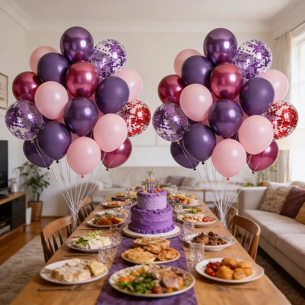 50PCS 12inch Pink Purple Metallic Confetti Balloons Set Wedding Happy Birthday Party Decorations for Indoor Outdoor Celebration