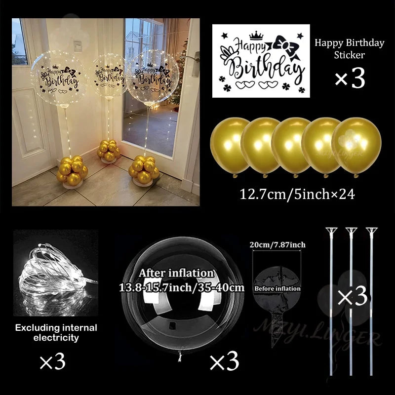 LED transparent bobo balloon light string (no battery) with happy birthday sticker, birthday party decoration, photo props