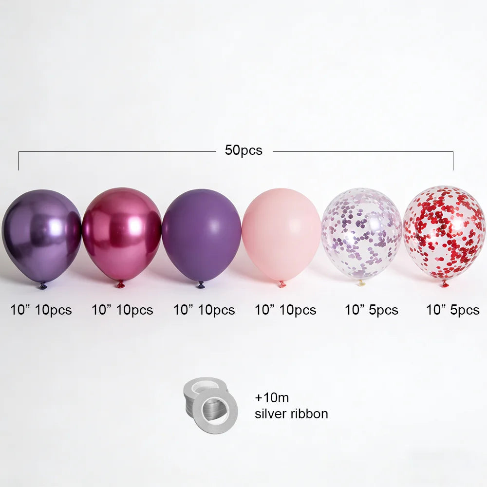 50PCS 12inch Pink Purple Metallic Confetti Balloons Set Wedding Happy Birthday Party Decorations for Indoor Outdoor Celebration