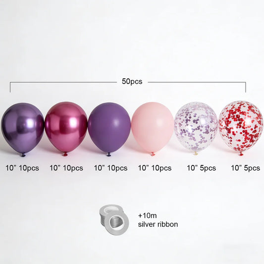 50PCS 12inch Pink Purple Metallic Confetti Balloons Set Wedding Happy Birthday Party Decorations for Indoor Outdoor Celebration