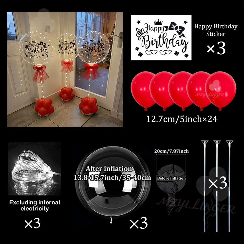 LED transparent bobo balloon light string (no battery) with happy birthday sticker, birthday party decoration, photo props