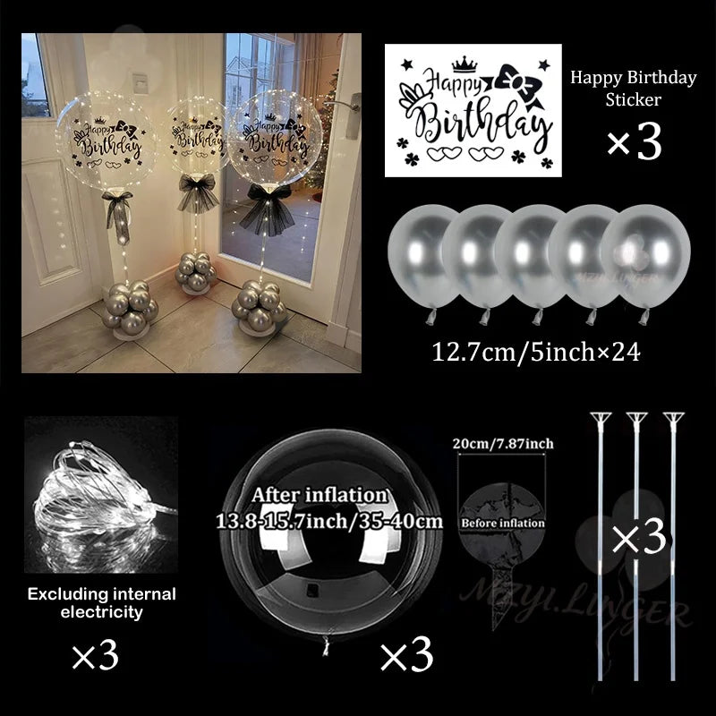 LED transparent bobo balloon light string (no battery) with happy birthday sticker, birthday party decoration, photo props